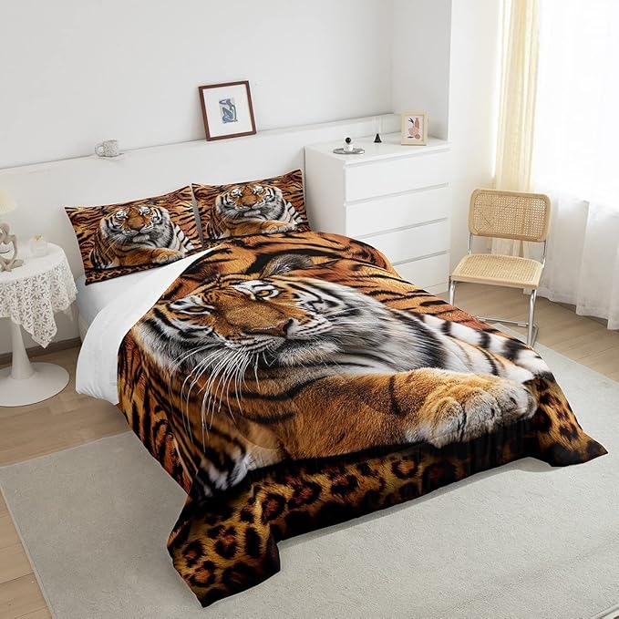 Tiger 3D Print Comforter Set King Size,Wild Animals Bedding Set 3pcs for Kids Teens Adults Bedroom Decor,Abstract Animal Fur Quilt Set Soft Breathable Duvet Insert with 2 Pillowcases,Brown Rustic
