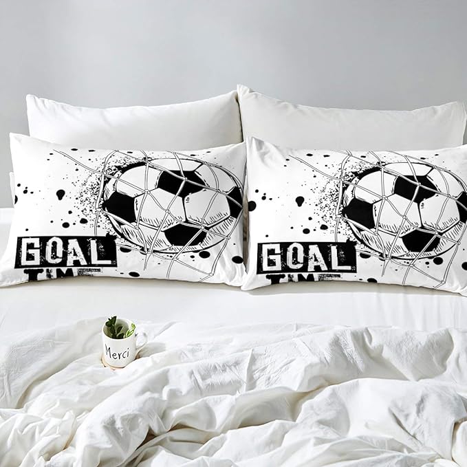 Erosebridal Kids Football Comforter Set Twin Size American Soccer Bedding Set Sports Games Duvet Sets for Boys Girls Children Teens Geometric Polygon Down Comforter for Bedroom, Black White