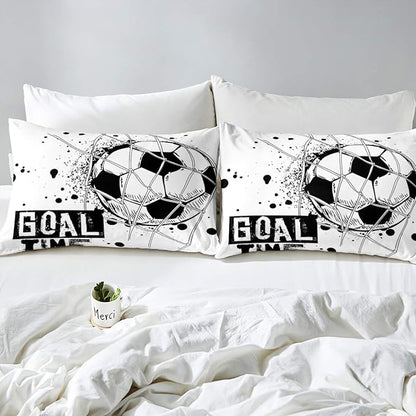 Erosebridal Kids Football Comforter Set Twin Size American Soccer Bedding Set Sports Games Duvet Sets for Boys Girls Children Teens Geometric Polygon Down Comforter for Bedroom, Black White