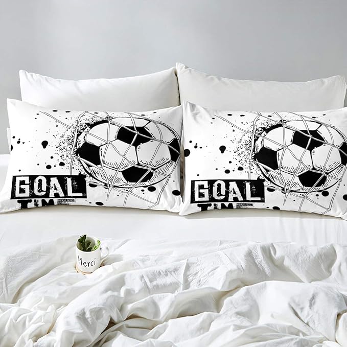 Erosebridal Kids Football Comforter Set Queen Size American Soccer Bedding Set Sports Games Duvet Sets for Boys Girls Children Teens Geometric Polygon Down Comforter for Bedroom, Black White