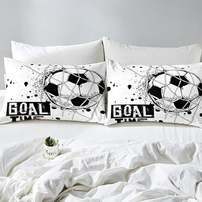 Erosebridal Kids Football Comforter Set Queen Size American Soccer Bedding Set Sports Games Duvet Sets for Boys Girls Children Teens Geometric Polygon Down Comforter for Bedroom, Black White