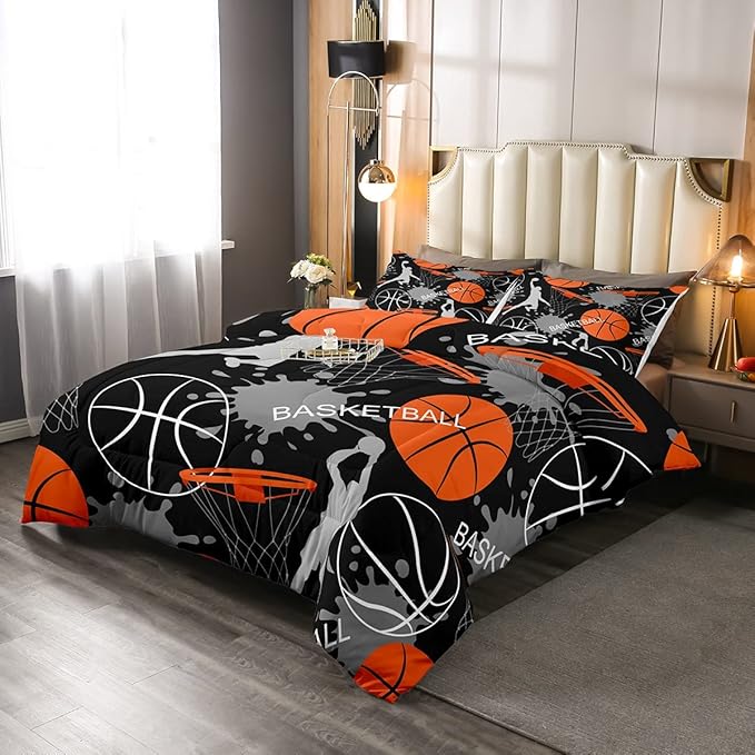 Basketball Bedding Set Tie Dye Down Comforter Passionate Sports Games Comforter Set for Kids Boys Man Jumping Up Shooting Action Quilt Set with 1 Comforter and 2 Pillow Cases Queen Size Orange Black
