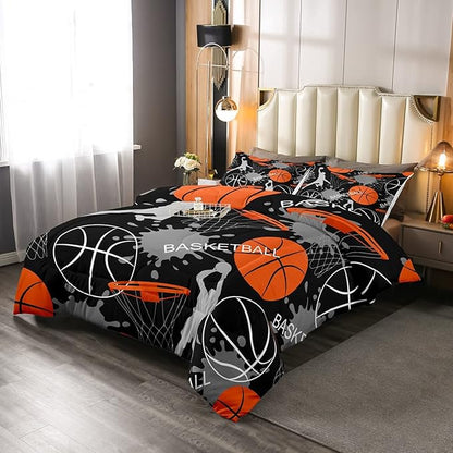Basketball Bedding Set Tie Dye Down Comforter Passionate Sports Games Comforter Set for Kids Boys Man Jumping Up Shooting Action Quilt Set with 1 Comforter and 2 Pillow Cases Full Size Orange Black