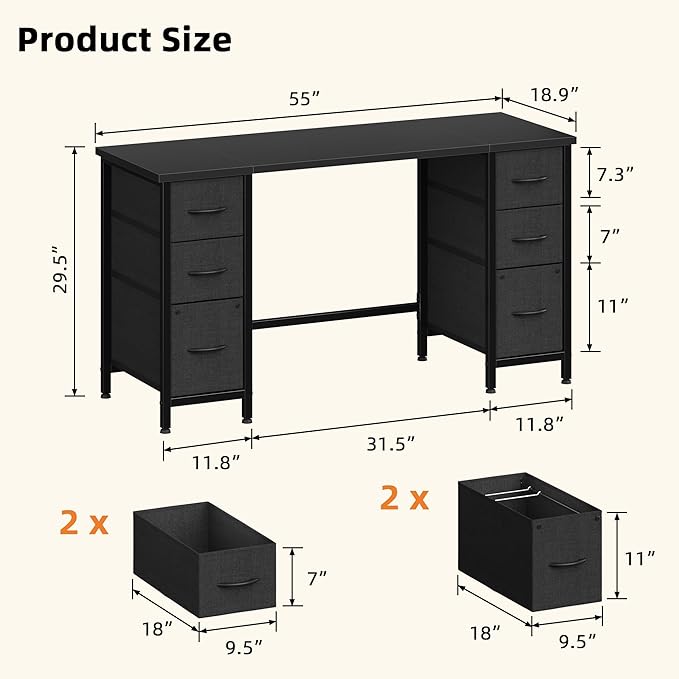55'' Office Desk with 6 Fabric File Drawers - File Drawer Organization, Computer Work Desk, Study Writing Table, Home Office Workstation, Black.