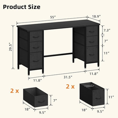 55'' Office Desk with 6 Fabric File Drawers - File Drawer Organization, Computer Work Desk, Study Writing Table, Home Office Workstation, Black.