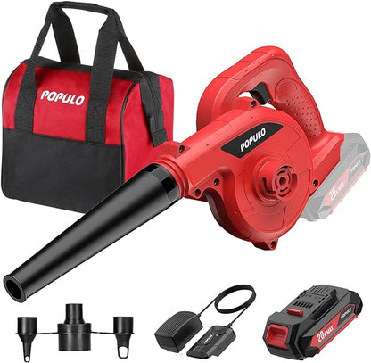 POPULO 20V Cordless Mini Electric Blower Kit,150mph Wind Speed for Cleaning Workshop,Garage,Inflating Air Mattress,Leaf Blower for Small Patio Areas, Included Battery,Inflating Adaptors and Charger
