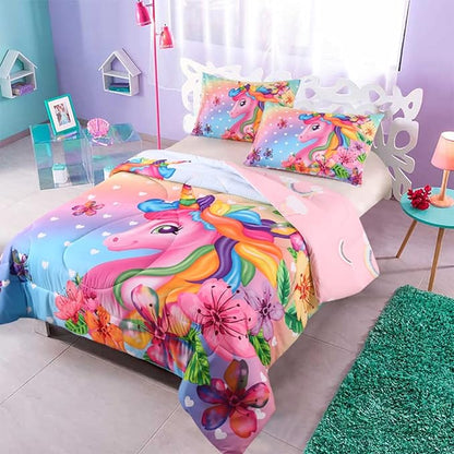 Cute Unicorn Comforter Sets 3pc Pink Flower Girl Colorful Unicorn Bedding Sets Soft Girls Unicorn Rainbow Comforter Sets