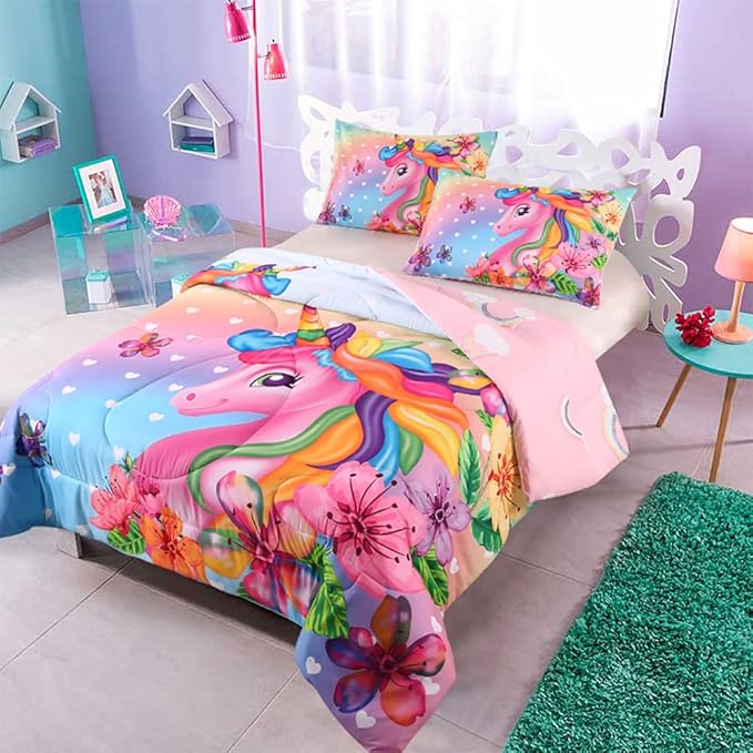 Cute Unicorn Comforter Sets 3pc Pink Flower Girl Colorful Unicorn Bedding Sets Soft Girls Unicorn Rainbow Comforter Sets