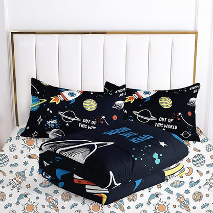Space Comforter Set Twin 5PCS,Kids Bedding Set for Boys Twin,Rocket Bedding Twin Size.Kids Comforter Set Soft Bedding Sets,Bed in A Bag for Kids
