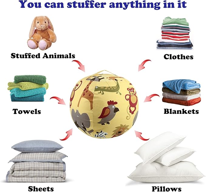 Stuffed Animal Storage Bean Bag Chairs Toy Storage Organizer Bean Bags Chair Cover for Kids 24" Cotton Canvas Beanbag with Zipper for Organizing Kid's and Adults Room, Animal pattern
