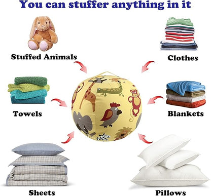 Stuffed Animal Storage Bean Bag Chairs Toy Storage Organizer Bean Bags Chair Cover for Kids 24" Cotton Canvas Beanbag with Zipper for Organizing Kid's and Adults Room, Animal pattern