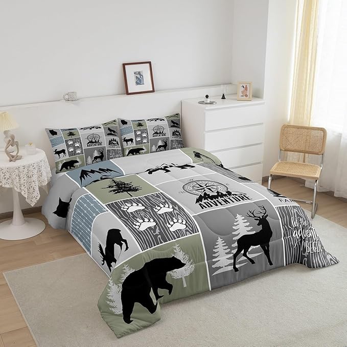 Rustic Farmhouse Cabin Kids Comforter Set Queen Size,Deer Bear Hunting Adventure Bedding Set for Boys Girls Adults Room Decor,Geometric Plaids Down Comforter,Gray Green Duvet Insert,2 Pillowcases