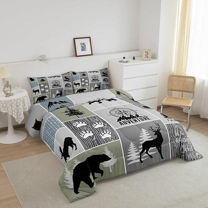 Rustic Farmhouse Cabin Kids Comforter Set King Size,Deer Bear Hunting Adventure Bedding Set for Boys Girls Adults Room Decor,Geometric Plaids Down Comforter,Gray Green Duvet Insert,2 Pillowcases