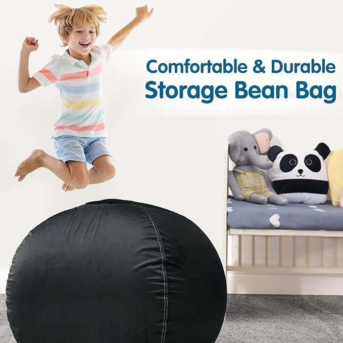 Lukeight Stuffed Animal Storage Bean Bag Chair Cover for Kids, Zipper Beanbag Chair Cover for Organizing Toddler & Kids' Rooms Plush Toys (Black, XX-Large)