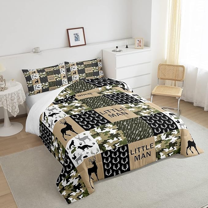 Manfei Deer Antlers Animals Silhouette Comforter Set Full,Camo Geometric Checks Bedding Set 3pcs for Kids Adults Room Decor,Nordic Boho Arrow Quilt Set,Vintage Green Duvet Insert with 2 Pillowcases