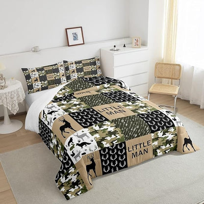 Kids Deer Antlers Animal Silhouettes Comforter Set King Size,Camo Geometric Lattices Bedding Set 3pcs for Adults Cabin Decor,Nordic Boho Arrows Quilt Set,Rustic Retro Green Duvet Insert,2 Pillowcases