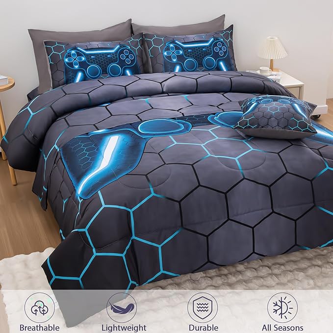 8Pcs Game Console Comforter Set with Sheets for Boys Girls Kids Teens, Geometric Gaming Themed Bed in A Bag Twin Size, Blue 3D Video Gamer Controller Bedroom Decor Bedding Set-Blue