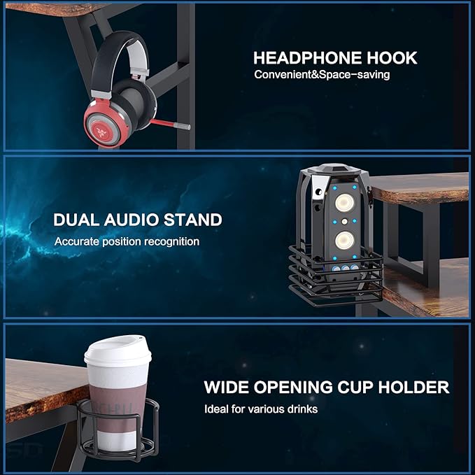 Gaming Desk, Computer Desk with Large Monitor Stand and Open Shelf, PC Laptop Gamer Table Workstation with Cup Holder, Headphone Hook, 2 Speaker Stand for Home Office (Rustic Brown)