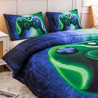 Meeting Story Gamer Gaming Bedding Sets Red Blue Lightnings Gamepad Comforter Set for Boys Games Console Action Buttons Novelty Colorful Modern Room Decor Home Quilt Set (Blue-Green, Full)