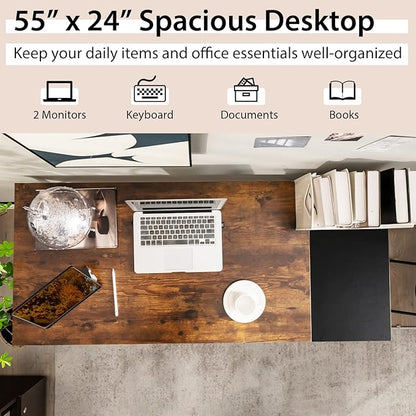 Multifunctional Computer Desk, Industrial Study Writing Desk w/Removable Storage Shelf, Heavy-Duty Metal Frame, 55 Inch Desk for Home Office, Gaming Room, Bedroom (Rustic Brown)