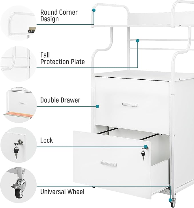 Vertical File Cabinet, 2 Drawer Mobile Filing Cabinet with 1 Bookshelf, Printer Stand with Open Storage Shelves Fits A4/Letter/Legal Size File Cabinets for Home Office Organizer, White