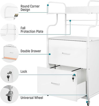 Vertical File Cabinet, 2 Drawer Mobile Filing Cabinet with 1 Bookshelf, Printer Stand with Open Storage Shelves Fits A4/Letter/Legal Size File Cabinets for Home Office Organizer, White