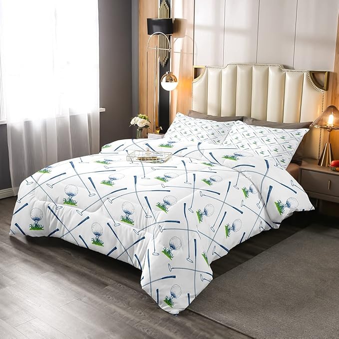 Erosebridal Golf Comforter Set Twin Size Golf Club Bedding Set Sport Game Athlete Grass Leaf Branches Down Comforter for Men, Room Decorative 2 Pieces Comforter with 1 Pillow Case, White