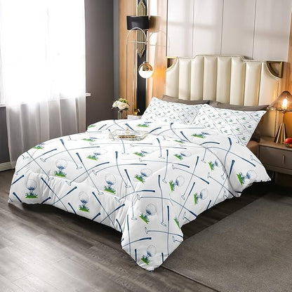 Erosebridal Golf Comforter Set Twin Size Golf Club Bedding Set Sport Game Athlete Grass Leaf Branches Down Comforter for Men, Room Decorative 2 Pieces Comforter with 1 Pillow Case, White