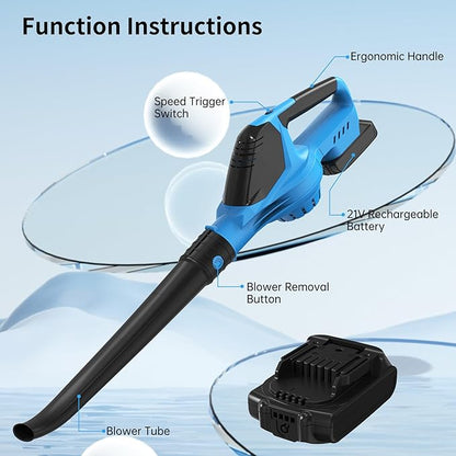 Leaf Blower, 21V Electric Leaf Blower Cordless, Leaf Blower with 2000mAh Battery and Charger, 16.5A/16500rpm Speed Leaf Blower, 5 Speed Mode Lightweight Leaf Blower for Lawn Patio Yard