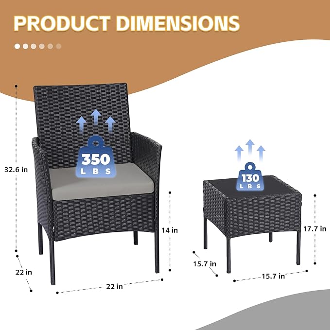 Patio Set 3 Piece Outdoor Rattan Porch Furniture with Tempered Glass Side Table & Cushion All Weather Conversation Bistro Set for Balcony,Deck,Porch (Brown/Beige)