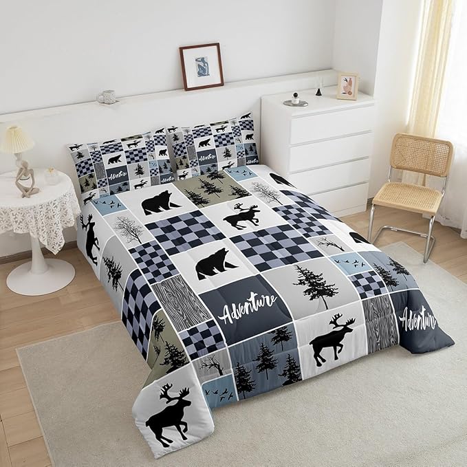 Deer Antler Comforter Set Twin Size,Bear Rustic Farmhouse Adventure Bedding Set for Kids Boys Girls Adults Room Decor,Pine Trees Plaid Patchwork Down Comforter,Blue Xmas Duvet Insert,1 Pillowcase