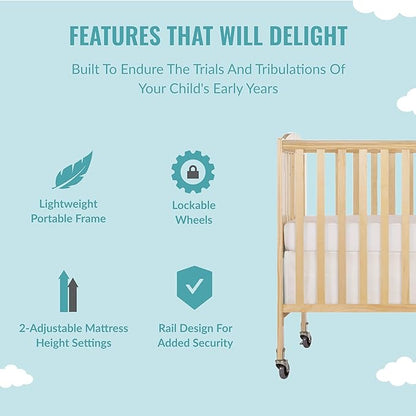Folding Full Size Convenience Crib In Natural, Two Adjustable Mattress Height Positions, Comes With Heavy Duty Locking Wheels, Flat Folding