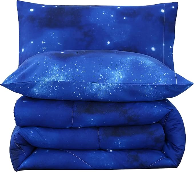 3PCS Blue Galaxy Comforter Set Queen Size, Bed in a Bag Summer Quilt Queen Size, Lightweight and Fade Resistant, Cute Bed Set for Boys Girls Toddler Kids and Teens, Queen