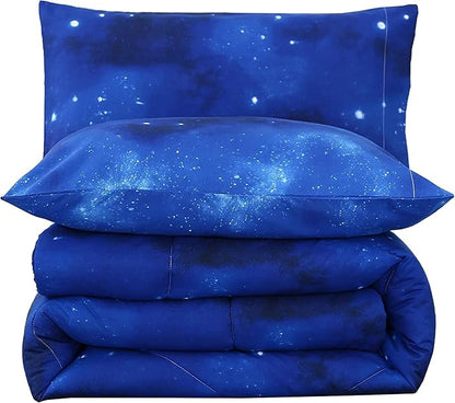 3PCS Blue Galaxy Comforter Set Queen Size, Bed in a Bag Summer Quilt Queen Size, Lightweight and Fade Resistant, Cute Bed Set for Boys Girls Toddler Kids and Teens, Queen