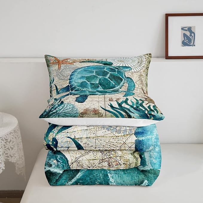 Turtle Bedding Teal Turtle Comforter Set Turquoise Ocean Themed Mediterranean Style Printed Design Ocean Turtle Down Comforter Quilted Duvet Set Queen Size 1 Comforter 2 Pillowcases (Queen, Turtle)