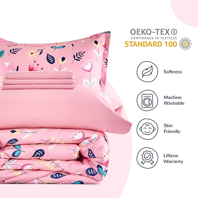 SLEEP ZONE Kids Bedding Comforter Set Full/Queen Size - Super Cute & Soft Kids Bedding 7 Pieces Set with Comforter, Sheet, Pillowcase & Sham (Pink Flower)
