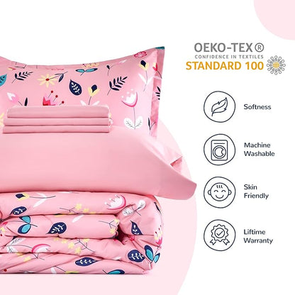 SLEEP ZONE Kids Bedding Comforter Set Full/Queen Size - Super Cute & Soft Kids Bedding 7 Pieces Set with Comforter, Sheet, Pillowcase & Sham (Pink Flower)