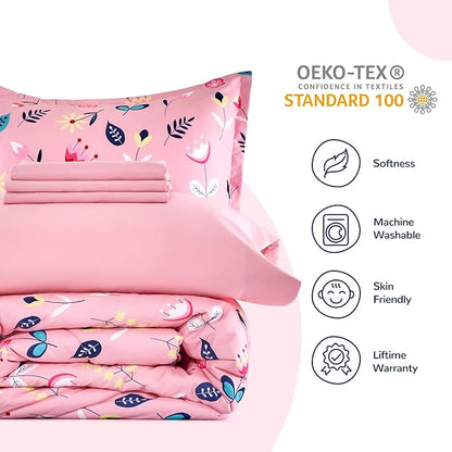 SLEEP ZONE Kids Twin Bedding Comforter Set - Super Cute & Soft Kids Bedding 5 Pieces Set with Comforter, Sheet, Pillowcase & Sham (Pink Flower)