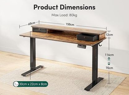 FEZIBO 60 x 24 Inch Height Adjustable Electric Standing Desk with Double Drawer, Stand Up Desk with Storage Shelf, Sit Stand Desk, Rustic Brown