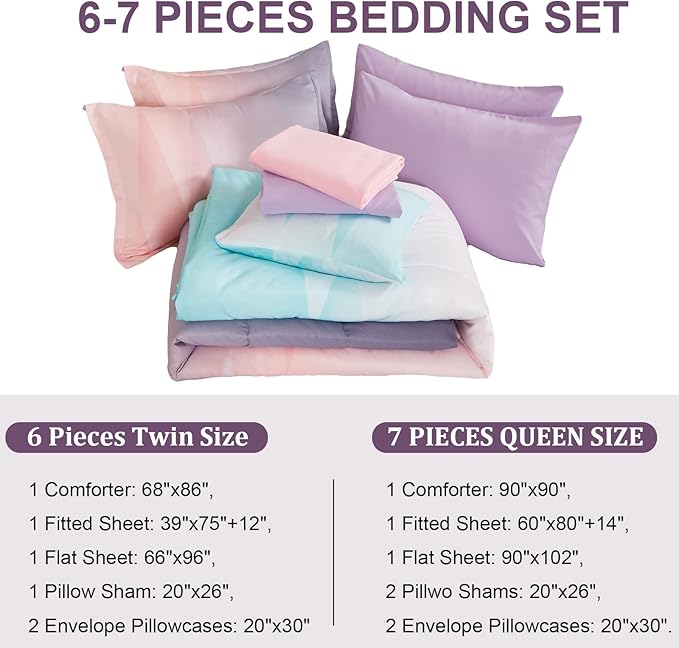 Girls Comforter Set Queen Size Colorful Ombre Blue Pink Purple Rainbow Bedding Set 7 Pieces Bed in A Bag for Kids Teen Girls Women with Comforter, Flat Sheet, Fitted Sheet