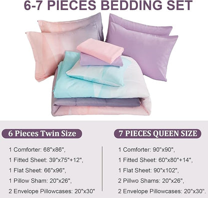 Girls Comforter Set Queen Size Colorful Ombre Blue Pink Purple Rainbow Bedding Set 7 Pieces Bed in A Bag for Kids Teen Girls Women with Comforter, Flat Sheet, Fitted Sheet