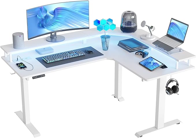 FEZIBO 63" Triple Motor L Shaped Standing Desk with LED Strip & Power Outlets, Height Adjustable Stand up Corner Gaming Desk with Ergonomic Monitor Stand, White Top/White Frame