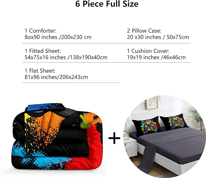 6 Pieces Gaming Bedding Set for Boys Gamer Comforter Set Full Size,Game Controller Comforter for Boys Kids 6 Pieces Bed in A Bag 3D Gamepad Microfiber Bedding Sets,DJT H5019 Full