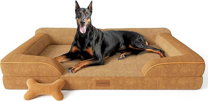 XXL Dog Bed for Extra Large Dogs, Giant Orthopedic Dog Bed with Cooling Gel Memory Foam, Waterproof Dog Bed with Removable Washable Cover, 53" Dog Sofa Bed Dutch Velvet with Bone Toy, Brown