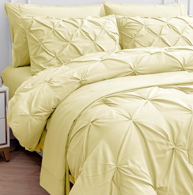 LANE LINEN Queen Comforter Set – 7 Piece Bed in a Bag – Pinch Pleated Queen Size Bedding Set with Comforter, Flat Sheet, Fitted Sheet, 2 Pillowcases & 2 Shams – Soft Pintuck Bed Set – Vanilla