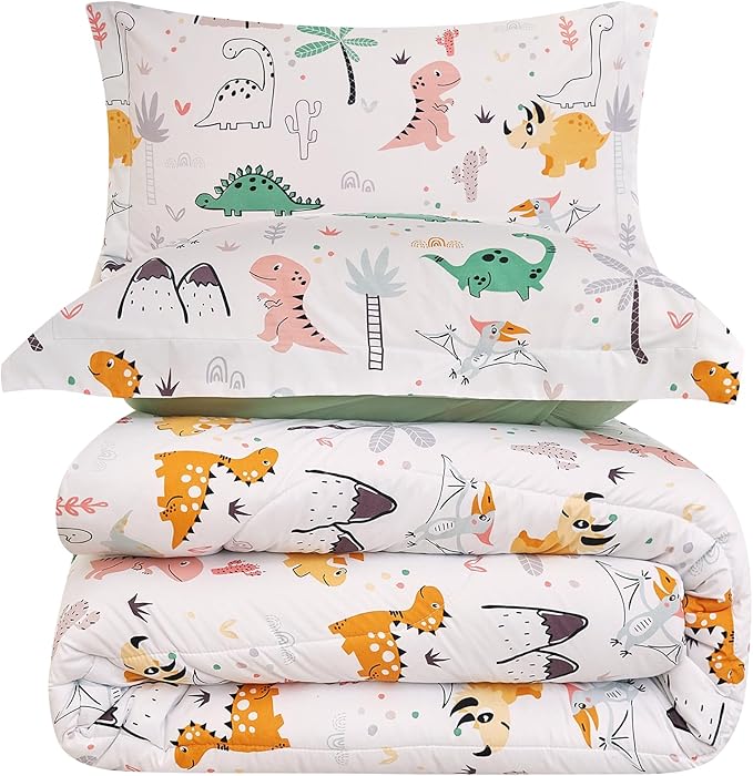 Dinosaur Kids Comforter Set for Boys Twin, Cute Reversible Quilted Dino Printed Bedding Set with Pillow Sham, Lightweight Soft Breathable Machine Washable Bed Set 2 Piece