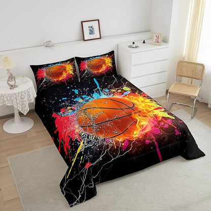 Teen Boys Basketball Bedding Set Kids Sports Comforter Sets Full Soft Lightweight Bedroom Dorm Decor,Red Blue Fire And Water Lightning Ball Duvet Insert,Colorful Grunge Tie Dye Quilt Bedding 3 Pcs