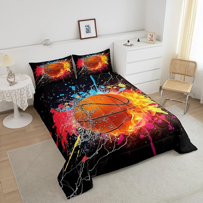 Teen Boys Basketball Queen Bedding Set Kids Sports Comforter Sets Soft Lightweight Bedroom Dorm Decor,Red Blue Fire And Water Lightning Ball Duvet Insert,Colorful Grunge Tie Dye Quilt Bedding 3 Pcs