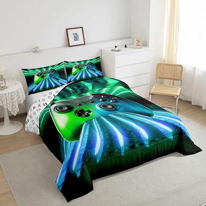 Erosebridal Green Blue Gamepad Comforter Set, Game Player Bedding Set King Size Modern Gamer Gaming Quilted Duvet Neon Trippy Duvet Set for Kids Boys Girls Teens Young Man Room Decorative