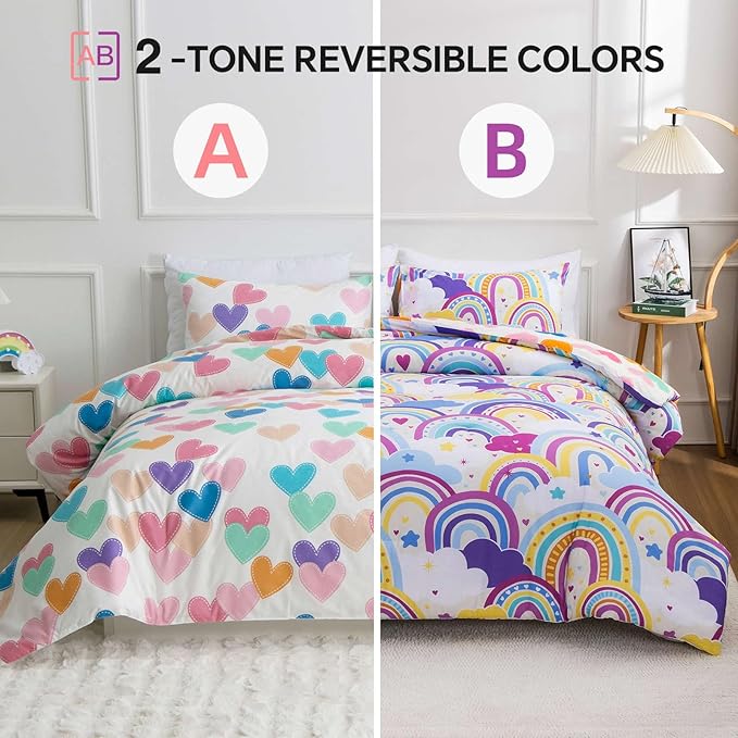 Btargot Lightweight Soft 3 Piece Rainbow Comforter Set with 2 Pillow Covers, Cartoon Love Hearts Flowers and Sun Star Bedding Set for Girls Boys Kids,Full Light Purple